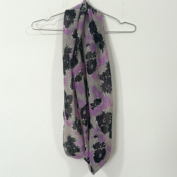 Purple Gray Black Floral Infinity Scarf Sheer Chiffon Style Handmade 58” Loop - Picture 2 of 8